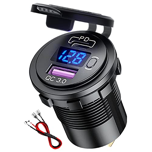 Prise de chargeur de voiture USB GemCoo PD Type C et chargeur rapide QC 3.0 Prise de courant de voiture avec interrupteur marche arrêt et voltmètre LED étanche 12V / 24V pour moto Marine RV ATV Cover