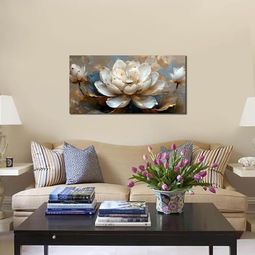 Peintures dorées fleurs blanches art moderne chic grand format - 4