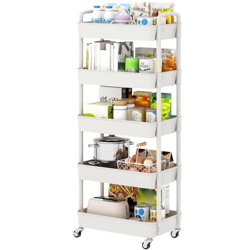 Image of Sywhitta 5-Tier Plastic Rolling Utility Cart with Handle, Multi-Functional Storage Trolley for Office, Living Room, Kitchen, Movable Storage Organizer with Wheels, White