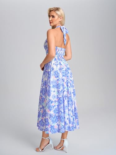 Image of Parthea Women's Gingham Halter V Neck Midi Dress Corset Smocked Sundress Flowy A Line Wedding Guest Dresses