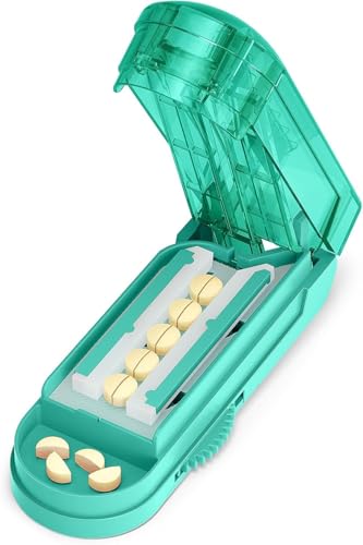 ONE PIX Pill Cutter Splitter for Small and Tiny Pills, Professional Adjustable Pill Cutter with Hidden Stainless Steel Blade, Safely Cuts Multiple Pills at Once, Cyan