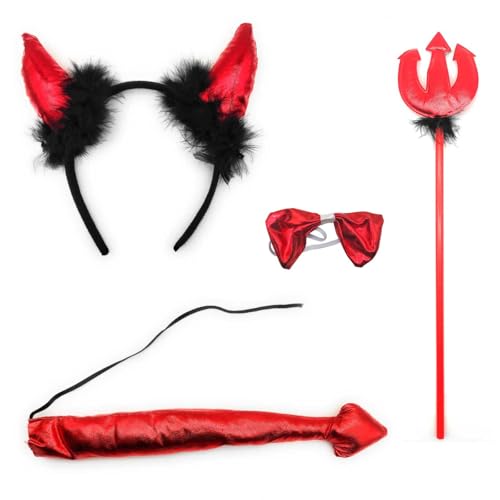 Acan Tradineur - Set de demonio, incluye diadema, tridente, pajarita y cola, complementos de disfraces, carnaval, Halloween, cosplay, fiestas (Rojo, talla única, adulto)