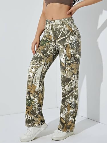 Women\'s Camo Print Cargo Jeans High Waist Wide Leg Denim Army Pants - Thumbnail 3