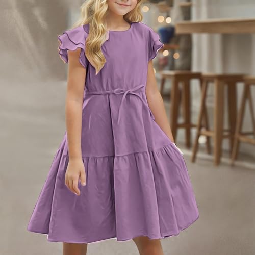 Girls Cotton Gauze Dresses Flutter Sleeve Tiered A Line Dress Summer Casual Round Neck Cinched Waist Sundress4