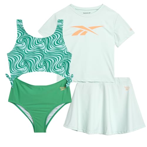 Reebok Girls' Bathing Suit Set - 3 Piece Quick Dry T-Shirt and Skirt with One Piece Cut Out Monokini Swimsuit - Swimwear Set