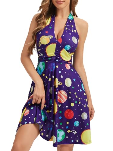 Image of Women's Festival Dress- Halter V Neck Sleeveless Ruffle Mini Dresses with Pocket