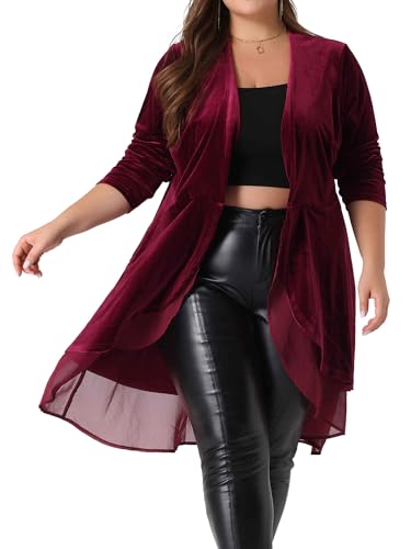 Image of Agnes Orinda Women Plus Size Ruffled Asymmetric Long Velvet Cardigan Jacket