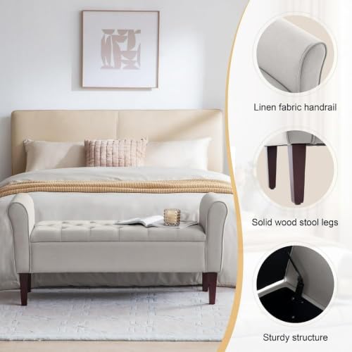 Image of Tufted Storage Ottoman Bench with Rolled Arms, Light Grey | Storage Ottoman bench