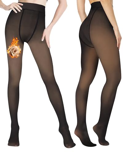 EOAMGO Medias con forro polar para mujer, medias translúcidas falsas de 220 g, medias térmicas cálidas y gruesas para invierno (FR/ES, Letras, S, Regular, Regular, Negro)