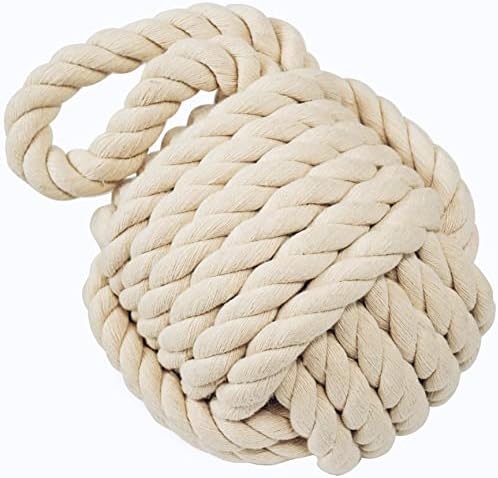 Golant Rope Knot Doorstop Nautical Large Heavy Decorative Stopper Cream Cotton Yarn Monkey Fist with Handle Interior Sailors Maritime Ocean Beachy Navy Wedge Bookend Door Stop