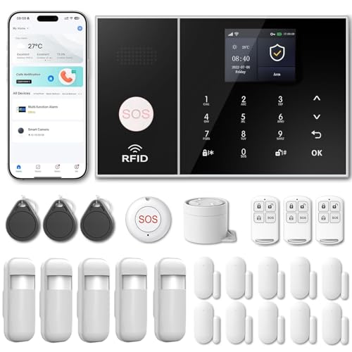 RenseCum Sistema de Alarma para casa con WiFi + 4G gsm, Kit Alarma casa sin cuotas, notificaciones por App, Llamadas y SMS, Ampliable inalámbrico Compatible con Alexa y Google Assistant (Kit de 24)