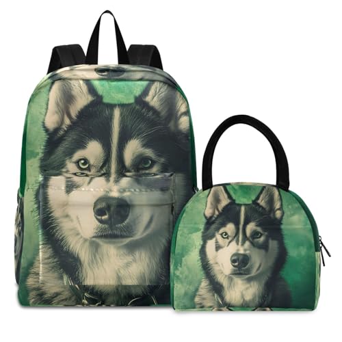 Husky on Green Print Backpack Set with Lunch Bag, Large Capacity Travel Backpacks and Lunch Box Insulated for Commute Hiking Picnic
