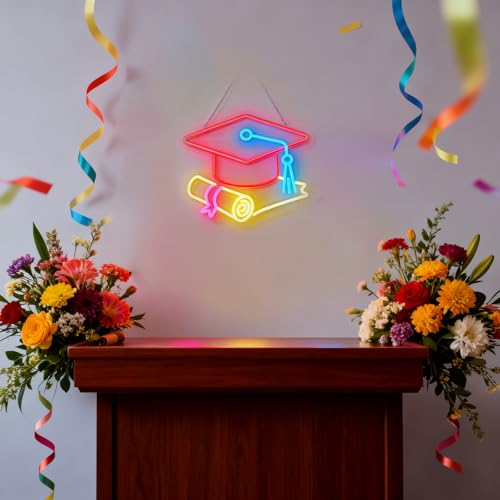 Image of Congrats Grad Neon Sign with Cap & Diploma - 3-Color Red Yellow Ice Blue Graduation Decorations 2026, 10-Level Dimmable LED Wall Light, USB Powered Gift for Graduate, 14.5 inchx12.6 inch