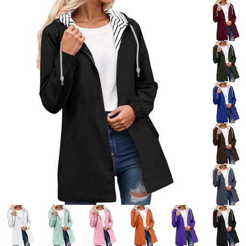 POIUIYQA - Veste Imperméable Femme Mi-Longues Manteau De Pluie Travail Manteaux À Capuche Veste Mi Saison Avec Poches