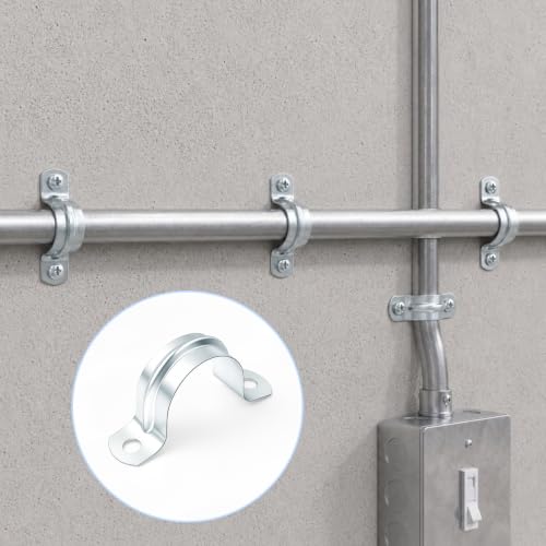 Image of Yaocom 100 Pcs 1 inch Opening Pipe Strap, Galvanized Steel Conduit Clamp | U Bracket 2 Hole Mount for Pipe Fixing on Surfaces, Corrosion Resistant for Wall Ceiling, Heavy Duty Rigid Clamp Support