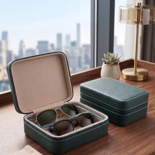 Image of ROSELLE Eyewear Travel Case for women men, Luxury leather 2 /3-Slot Eyeglasses Storage Box for Multiple Glasses and Sunglasses