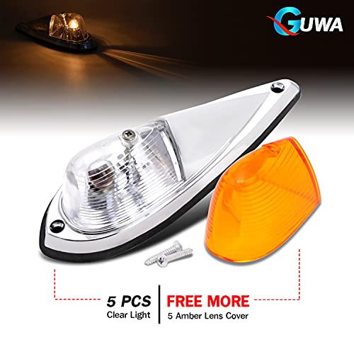 Guwa 7.8 Inch Clear Lens Amber Torpedo Cab Marker Roof Running Top Lights T10 Halogen Chrome Bezel Removable Amber Cover Trailer Heavy Duty Truck Pickup Tractor 12V Dc Pack Of 5 #TOP1