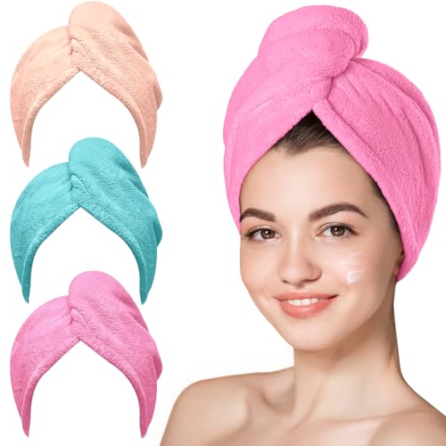 Image of Hicober Microfiber Hair Towel, 3 Packs Hair Turbans for Wet Hair, Drying Hair Wrap Towels for Curly Hair Women Anti Frizz (Light Aqua,Peachy Coral, Sweet Pink)