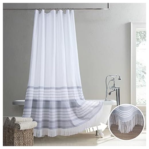 MVSUTA Doris Farmhouse Boho Grey Yarn Dyed Polyester Fabric Waterproof Jacquard Woven Handmade Tassel Fringe Border Trim Stripes Boho Shower Curtain for Bathroom,72" W x 72" L