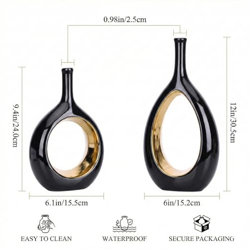 Vase en céramique noir et or, lot de 2 pièces design haute qualité pour centre de table chic - 7