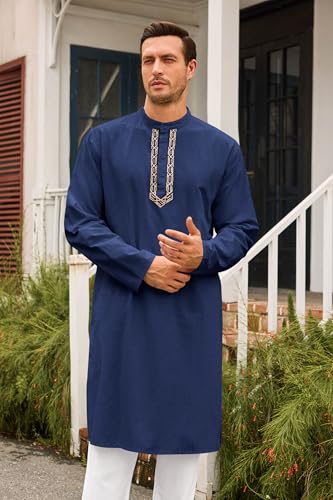 Runcati Mens Kaftan Thobe Button Down Casual Henley Shirts Long Sleeve Robe Cotton Linen Muslim Gown Shirt2