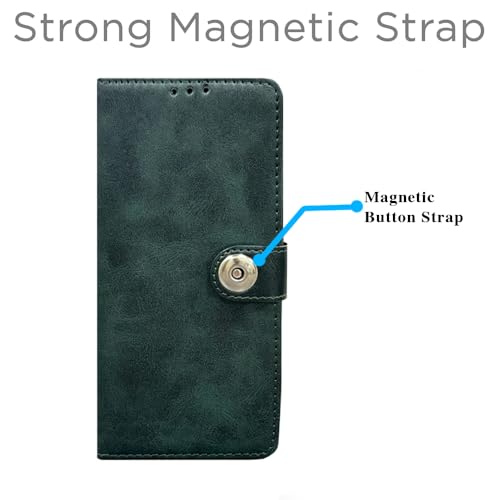 Image of amazon basics Flip Cover Back Case for Redmi Note 14 Pro 5G | Genuine Leather Finish | Designer Button | Inbuilt Pockets & Stand | Flip Back Case (Button Green)