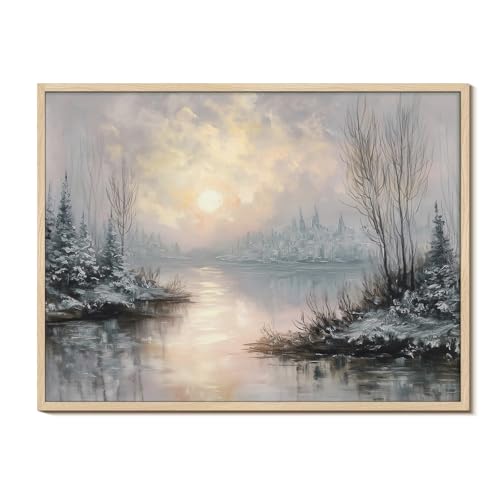 Vintage Snowy Lake Sunset Sunrise Framed Canvas Print, Winter Landscape Wall Art 12x16 Inch Trees Forest Sun Painting, Rustic Christmas Farmhouse Living Room Bedroom Cabin Office Decor