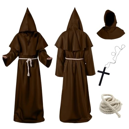 Aitsite Disfraz de Monje Sacerdote, Túnica Medieval Renacentista con Collar de Cruz y Cinturón, Capucha, Disfraces de Sacerdote para Carnaval Cosplay Party
