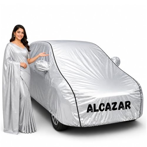 Image of Waterproof Car Body Cover for Alcazar All Weather Protection Comes with Inner Cotton Lining & Triple Stitched with Mirror & Antenna Pocket Belt & Elastic Fit Metallic Silver with Black Piping1