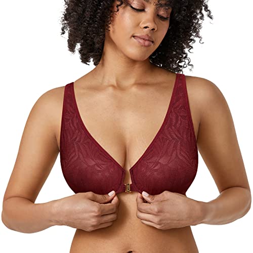 Aisilin Women's Front Closure Bras Plus Size Unlined Soft Lace Plunge Underwire Red 32F #TOP2