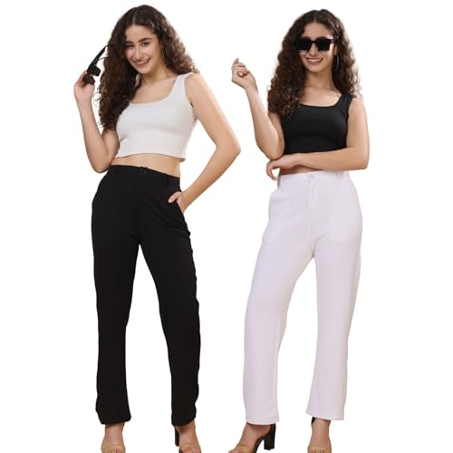 Image of Pack of 2 Women's Regular Fit Solid Cotton Blend Trousers - Soft, Breathable & Stretchable Bottom Wear for Office, Casual Outings & Daily Comfort