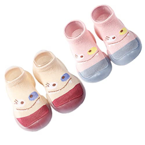 Chicone 2 Pairs Baby Socks Anti Skid Rubber Soft Sole Infant Slippers Prewalker Shoes (Pink&Beige, 2-3 Years)