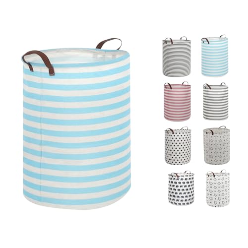 Highdi Cesto Ropa Sucia, 63L Cesta Ropa Sucia, Cubo Ropa Sucia con Piel Asas, Minimalista Cesta Ropa Plegable para Lavandería, Almacenaje Plegable para Dormitorio (40x50cm,Rayas Azules)