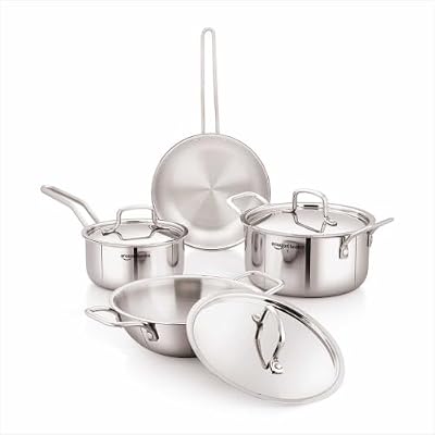 Amazon Basics Triply Stainless Steel Cookware Set 7 Pcs - Deep Kadai(3.4L), Saucepan(1.7L), Casserole(1.8L), Frypan(1.2L) | With 3 Stainless Steel Lids | Dishwasher Safe | Induction and Gas Compatible