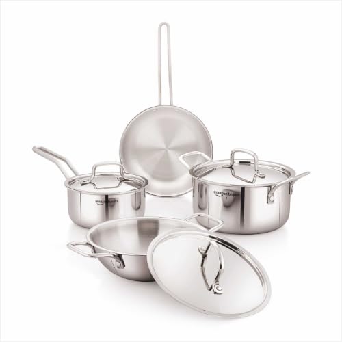 Image of Amazon Basics Triply Stainless Steel Cookware Set 7 Pcs - Deep Kadai(3.4L), Saucepan(1.7L), Casserole(1.8L), Frypan(1.2L) | With 3 Stainless Steel Lids | Dishwasher Safe | Induction and Gas Compatible
