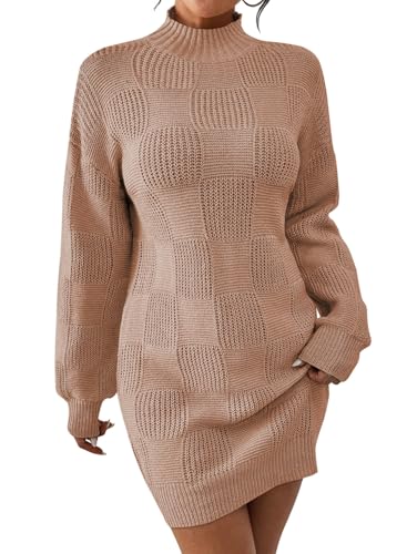 Pink Queen Women's Mock Neck Sweater Dress 2025 Lantern Long Sleeve Loose Plaid Cocktail Party Knit Mini Dress Outfits