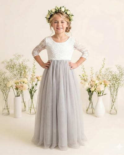 Image of 2Bunnies Girl Peony Lace Back A-Line Straight Tutu Tulle Party Flower Girl Dress