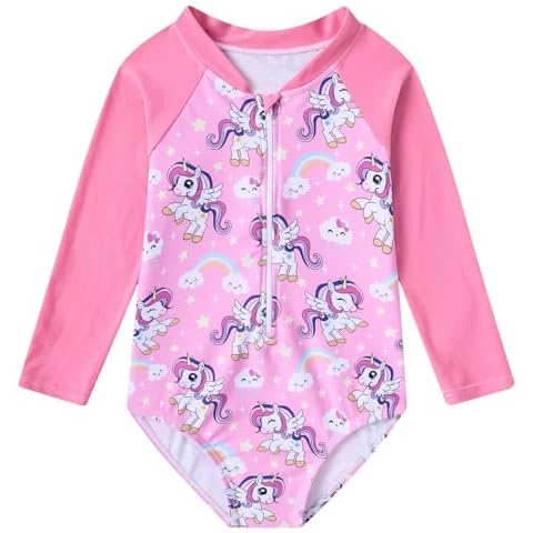 Girls One Piece Rash Guard Swimsuit Long Sleeve Cool Rainbow Unicorn Pink Children Bathing Suits with Sun Protection Big Girl Sports Zipper Swimwear 7-8 Years Old Cover