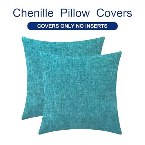 Image of CaliTime Throw Pillow Covers Decorative 24 X 24 Inches Pack of 2 Cozy Chenille Cushion Cases for Couch Sofa Bed Living Room Home Lake Blue