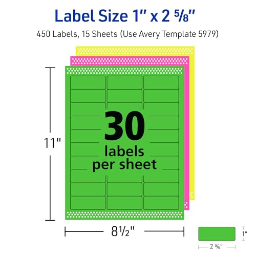 Image of Avery Printable Address Labels with Sure Feed, 1 inch x 2-5 /8 inch, Assorted Neon Colors (Magenta, Green and Yellow), Laser & Inkjet Compatible, 450 Blank Labels Total (5979)