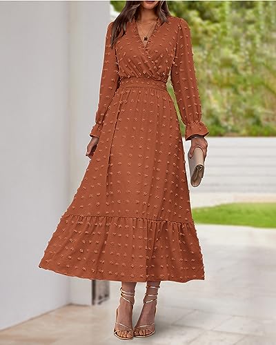 BTFBM Women Fall Maxi Dresses 2026 Long Sleeve V Neck Swiss Dots High Waisted A-Line Ruffle Boho Long Dress Vacation(Orange,XX-Large) — view 2