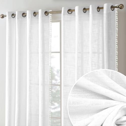 Image of THE LINEN COMPANY Cotton Sheer Grommet Curtains with Side Border Pompom Sheer Curtain for Long Door Linen Textured, Light Filtering, Pack of 2 (White, 9 Feet)