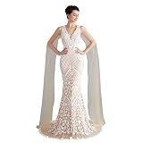 Maricopyjam Women's Sparkly Sequins Illusion Back V Neck Mermaid Long Prom Evening Dresses White