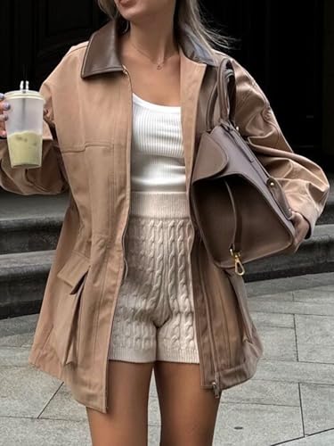 Women's Barn Jacket Faux Suede Leather Jackets Oversized Casual Adjustable Waist Coat with Pockets 5