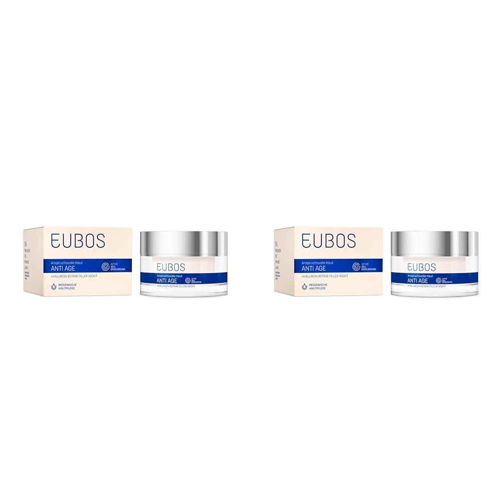 Eubos I Anti Age Hyaluron Repair Filler Night I 50ml I für alle Hauttypen I ohne Mineralöl I gegen Falten (Packung mit 2)