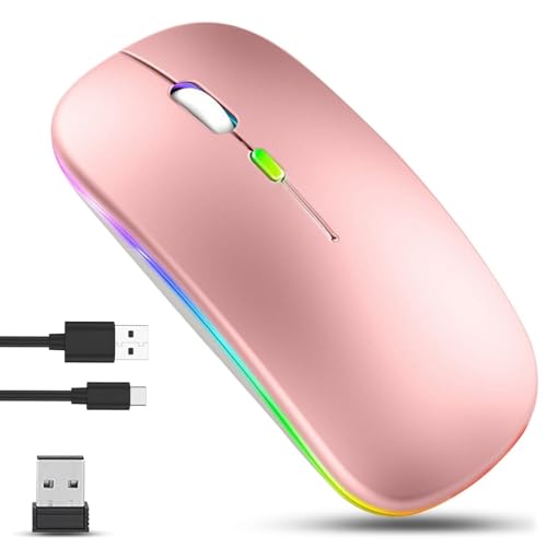 GLOBAL TECH Wireless Bluetooth Mouse Rechargeable LED Slim Silent Mouse with Dual-Mode 2.4G & Bluetooth USB Optical Cordless Mouse for Laptop PC Computer Mac iPad Tablets (Pink)