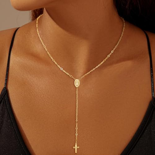 Image of CHESKY Long Necklaces for Women, 14k Gold Plated /Streling Silver Lariat Necklace Dainty Statement Prom Necklace Rosary Cross Sun Drop Pendant Dangle Necklace Gold Prom Jewelry for Women Gifts