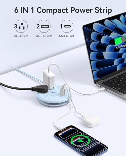 Image of ORICO Power Strip with USB Ports, 4Ft Wrapped Extension Cord with Multiple Outlets, 3 Outlets & 3 USB Ports (1 USB C), Flat Plug Power Strip for Cruise /Home /Office /Dorm Essentials, Blue