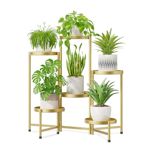 Image of iDavosic.ly 6 Tier Large Plant Stand Indoor, 10 Inch Wide Tall Corner Metal Plant Stands Outdoor for Multiple Plants, Folding Tiered Flower Display Holder Rack Shelf, Gold