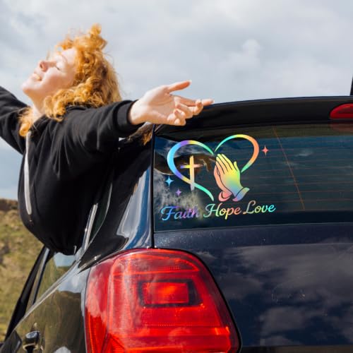 Image of Large Christian Car Decals, Faith Hope Love Praying Hands Stickers - 11 inch x 10 inch Waterproof Vinyl Sticker for Car, Truck, Window, Bumper, Laptop, Wall (Praying Hands-Holographic)